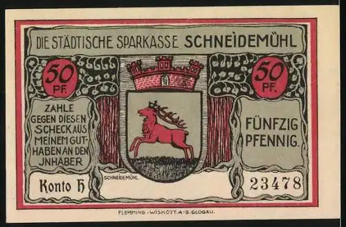 Notgeld Schneidemühl, 50 Pfennig, Erinnerungskreuz mit Stadtsiegel und Hirschwappen