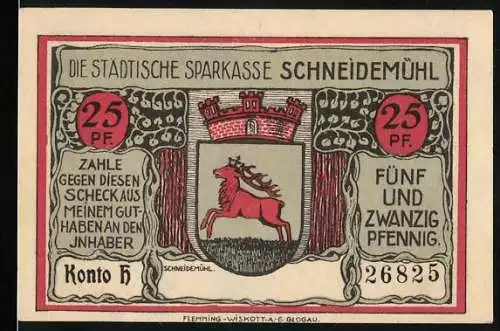 Notgeld Schneidemühl, 25 Pfennig, Sparkasse und Marktplatz mit ev. Kirche