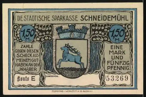 Notgeld Schneidemühl, 1,50 Mark, Wald mit Denkmal und Stadtwappen mit Pferd