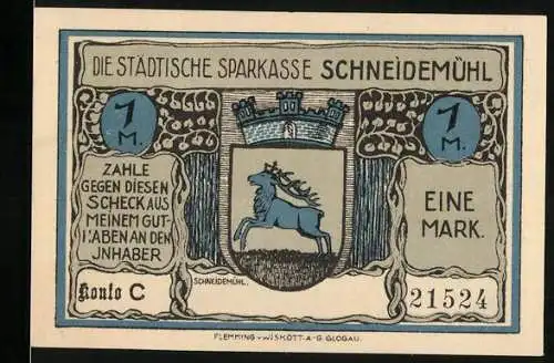 Notgeld Schneidemühl, 1 Mark, Städtische Sparkasse mit Brunnenunglück Illustrationen