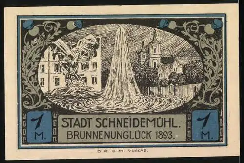 Notgeld Schneidemühl, 1 Mark, Städtische Sparkasse mit Brunnenunglück Illustrationen