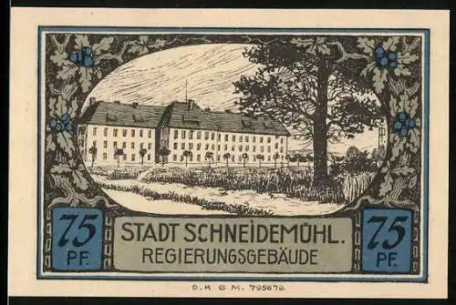Notgeld Schneidemühl, 75 Pf, Regierungsgebäude mit Hirschwappen, städtische Sparkasse, Konto B 13729