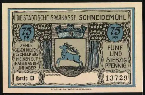 Notgeld Schneidemühl, 75 Pf, Regierungsgebäude mit Hirschwappen, städtische Sparkasse, Konto B 13729