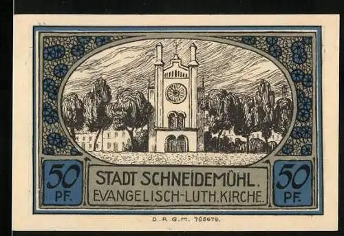 Notgeld Schneidemühl, 50 Pf, Evangelisch-Luth. Kirche und Stadtwappen, Stadtsparkasse Schneidemühl