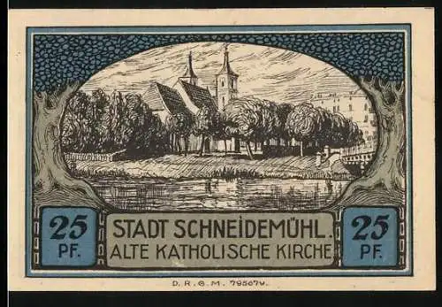 Notgeld Schneidemühl, 25 Pf, Alte Katholische Kirche und Stadtwappen, Serie E, 44241
