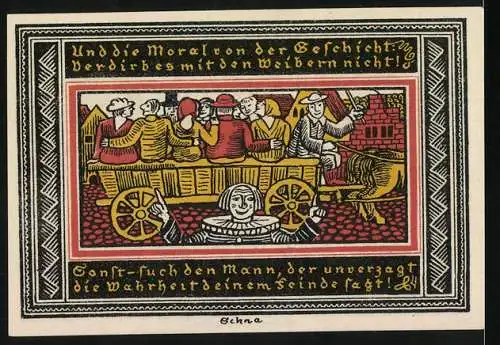 Notgeld Ettlingen, 50 Pfennig, Gutschein der Stadt Ettlingen mit Zeichnung und Spruch, Vorder- und Rückseite