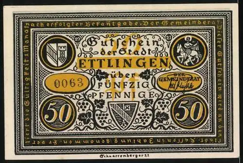 Notgeld Ettlingen, 1921, 50 Pfennig, Gutschein der Stadt Ettlingen mit Illustration und historischen Symbolen