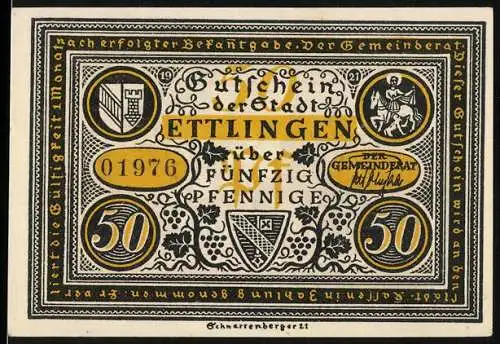 Notgeld Ettlingen, 1921, 50 Pfennig, Gutschein der Stadt mit historischer Illustration