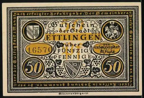 Notgeld Ettlingen 50 Pfennig, Gutschein der Stadt mit Abbildung eines Klosters und Stadtsiegel