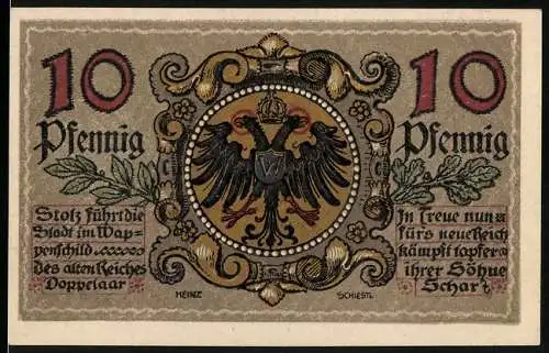 Notgeld Donauwörth, 10 Pfennig, Doppeladler und Stadtansicht