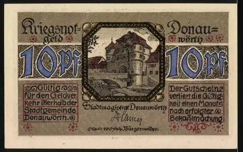 Notgeld Donauwörth, 10 Pfennig, Doppeladler und Stadtansicht