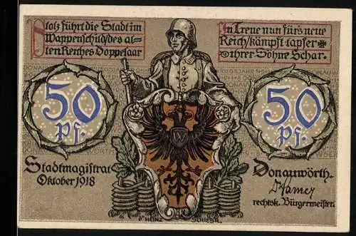 Notgeld Donauwörth 1918, 50 Pf, Soldat mit Wappen und Gebäudeillustration