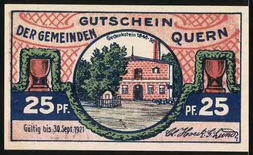 Notgeld Quern, 1921, 25 Pf, Landschaft und Gebäude mit Gedenkstein 1848-50, Gutschein der Gemeinden Quern