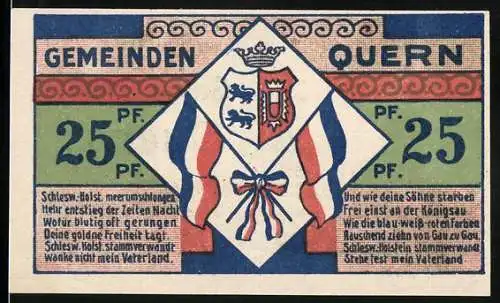 Notgeld Quern, 1921, 25 Pf, Gemeinden Quern mit Wappen und Kirche, gültig bis 30. Sept. 1921