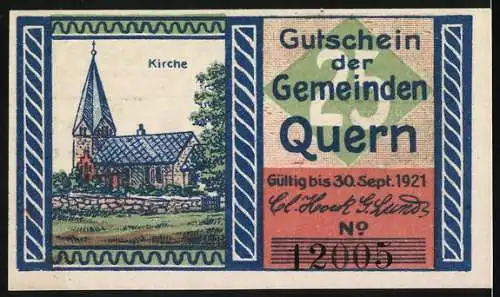 Notgeld Quern, 1921, 25 Pf, Gemeinden Quern mit Wappen und Kirche, gültig bis 30. Sept. 1921