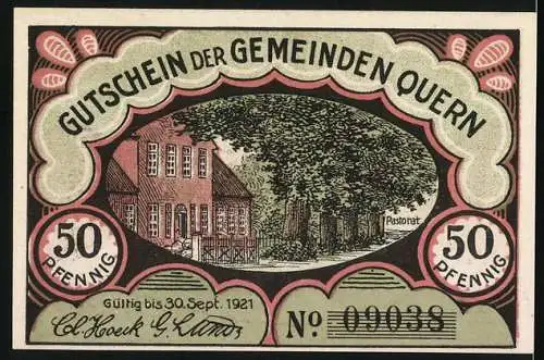 Notgeld Quern, 1921, 50 Pfennig, Kirche mit Denkmal und Pastorat