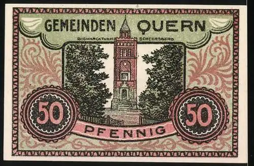 Notgeld Quern 1921, 50 Pfennig, Landschaft und Bismarckturm Scheersberg