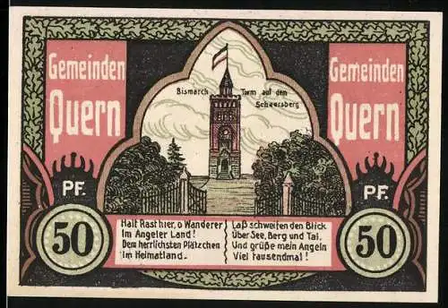 Notgeld Quern, 1921, 50 Pf, Bismarck-Turm auf dem Scheersberg, Gültig bis 30. Sept. 1921