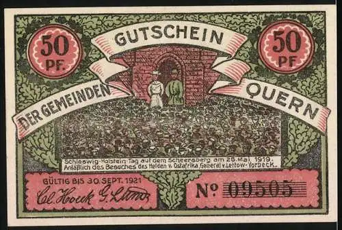 Notgeld Quern, 1921, 50 Pf, Bismarck-Turm auf dem Scheersberg, Gültig bis 30. Sept. 1921