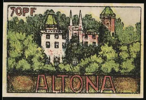 Notgeld Altona, 1921, 70 Pf, Schloss und Türme im Wald, Magistratunterschrift und Seriennummer