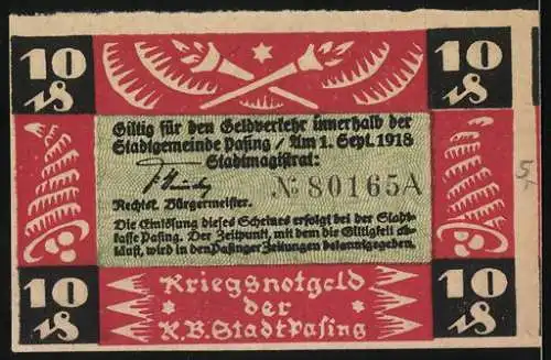 Notgeld Pasing 1918, 10 Pfennig, Stadtwappen mit Turm und Lorbeerblättern, Kriegsnotgeld der K.B. Stadt Dasing