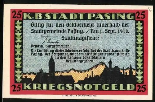 Notgeld Pasing, 1918, 25 Pfennig, Kriegsnotgeld mit Stadtansicht und Wappen