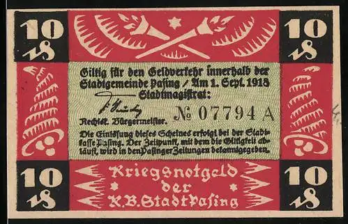 Notgeld Pasing 1918, 10 Pfennig, Kriegsnotgeld der Stadt Regensburg mit Stadtwappen und roten Verzierungen