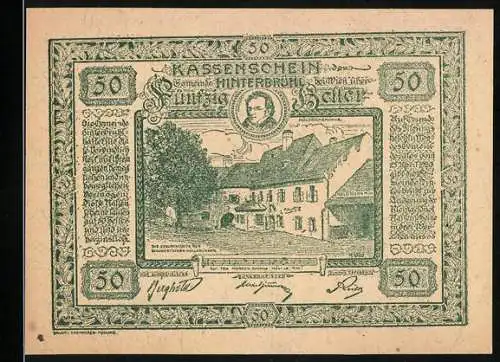 Notgeld Hinterbrühl, 1920, 50 Heller, Kassenschein mit Gebäude und Veste Lichtenstein