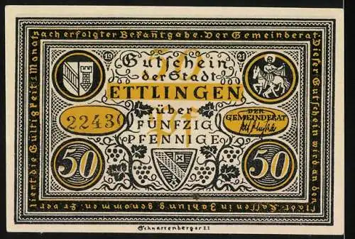 Notgeld Ettlingen, 1921, 50 Pfennig, Gutschein der Stadt, Kloster und mittelalterliche Stadtansicht