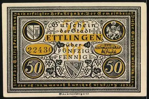 Notgeld Ettlingen 1921, 50 Pfennig, Gutschein der Stadt, dekorative Illustrationen und Inschrift