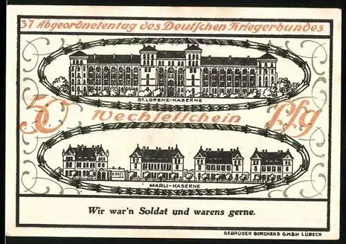 Notgeld Lübeck 1921, 50 Pfennig, 37. Abgeordnetentag des Deutschen Kriegerbundes, St. Lorenz- und Marli-Kaserne