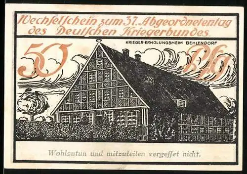 Notgeld Lübeck 1921, 50 Pfennig, Krieger-Erholungsheim Behlendorf und Kyffhäuser-Denkmal