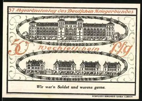 Notgeld Lübeck 1921, 50 Pfennig, St. Lorenz-Kaserne und Marli-Kaserne, 37. Abgeordnetentag des Deutschen Kriegerbundes