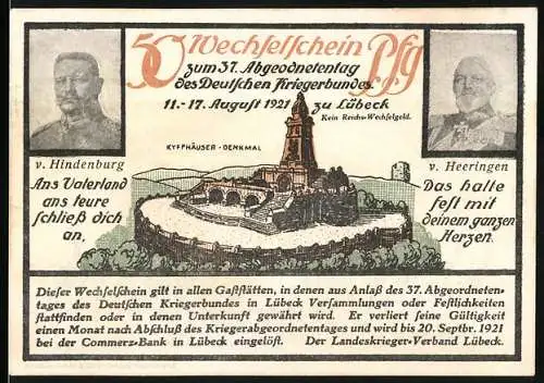 Notgeld Lübeck 1921, 50 Pfennig, 37. Abgeordnetentag des Deutschen Kriegerbundes mit Kyffhäuser-Denkmal und Zeughaus