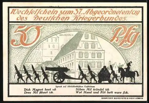 Notgeld Lübeck 1921, 50 Pfennig, 37. Abgeordnetentag des Deutschen Kriegerbundes mit Kyffhäuser-Denkmal und Zeughaus