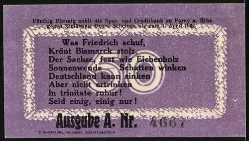 Notgeld Parey an der Elbe 1921, 50 Pfennig, Porträt eines Offiziers und Eichensymbolik, Ausgabe A Nr. 4667