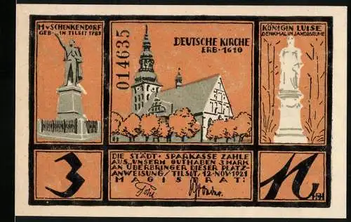 Notgeld Tilsit 1921, 3 Mark, Deutsche Kirche und Denkmale, Rückseite: Frieden zu Tilsit 1807, blaue und orange Farben