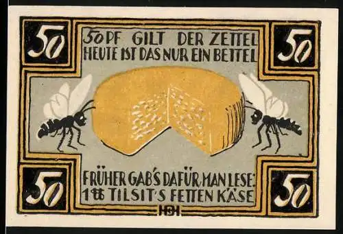 Notgeld Tilsit, 1921, 50 Pfennig, Feiner Käse & Rathaus Abbildung