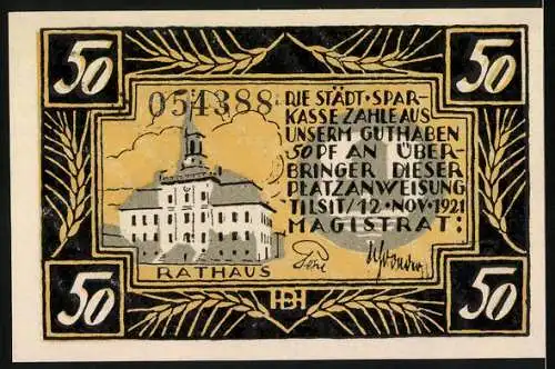 Notgeld Tilsit, 1921, 50 Pfennig, Feiner Käse & Rathaus Abbildung