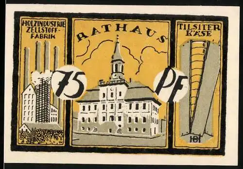 Notgeld Tilsit, 1921, 75 Pf, Rathaus, Holzzellstoff-Fabrik und Tilsiter Käse, Seriennummer 035910
