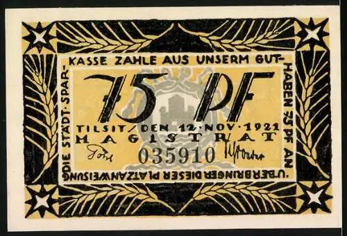 Notgeld Tilsit, 1921, 75 Pf, Rathaus, Holzzellstoff-Fabrik und Tilsiter Käse, Seriennummer 035910