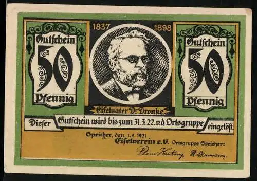 Notgeld Speicher 1921, 50 Pfennig, Dr. Dronke Porträt und Burgansicht Neuerburg