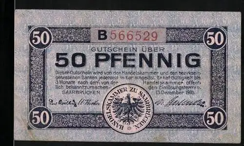 Notgeld Saarbrücken, 1916, 50 Pfennig, Gutschein der Handelskammer zu Saarbrücken mit Industrie- und Bergmannsmotiv