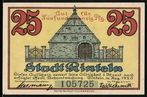 Notgeld Rinteln, 1920, 25 Pfennig, Gebäude und Mann mit Bär Illustration