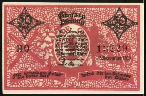 Notgeld Oberhof (Thür.) 1919, 50 Pfennig, Landschafts- und Textbild, Seriennummer 13229