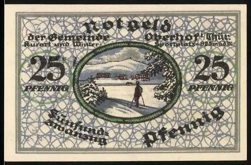 Notgeld Oberhof 1918, 25 Pfennig, Winterlandschaft mit Skifahrer und Einlösungsvermerk