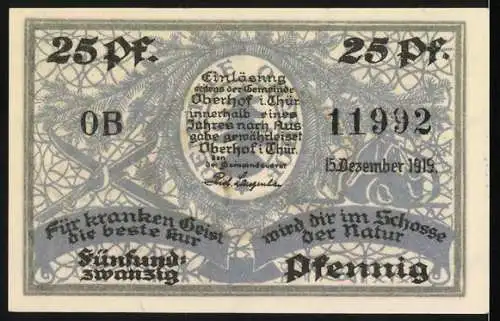 Notgeld Oberhof 1918, 25 Pfennig, Winterlandschaft mit Skifahrer und Einlösungsvermerk