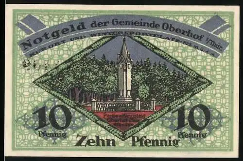 Notgeld Oberhof 1919, 10 Pfennig, Partie am Rennsteig und Inschrift, grün und mehrfarbig