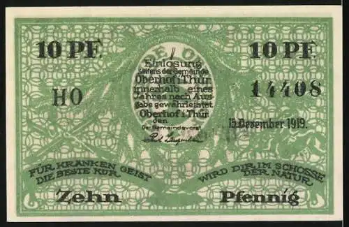 Notgeld Oberhof 1919, 10 Pfennig, Partie am Rennsteig und Inschrift, grün und mehrfarbig