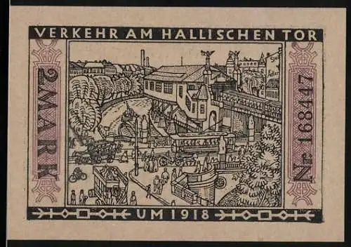 Notgeld Berlin 1922, 2 Mark, Verkehr am Hallischen Tor und Gültigkeit städtische Strassenbahn